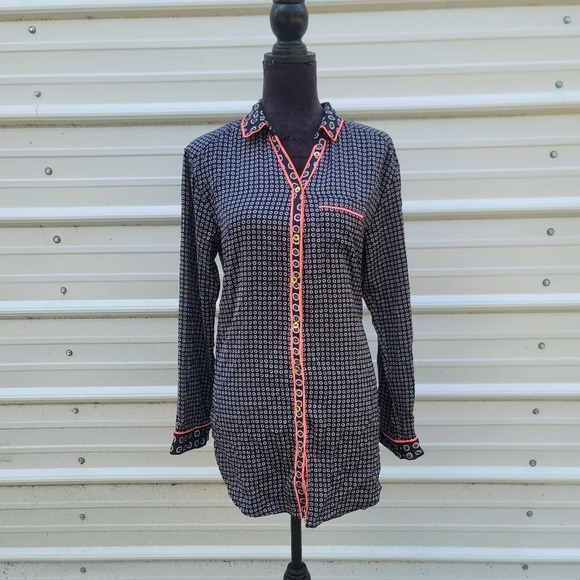 Juicy Couture Navy & Pink Long Sleeve Collared Button Front Sleep Night Shirt M - Picture 1 of 9